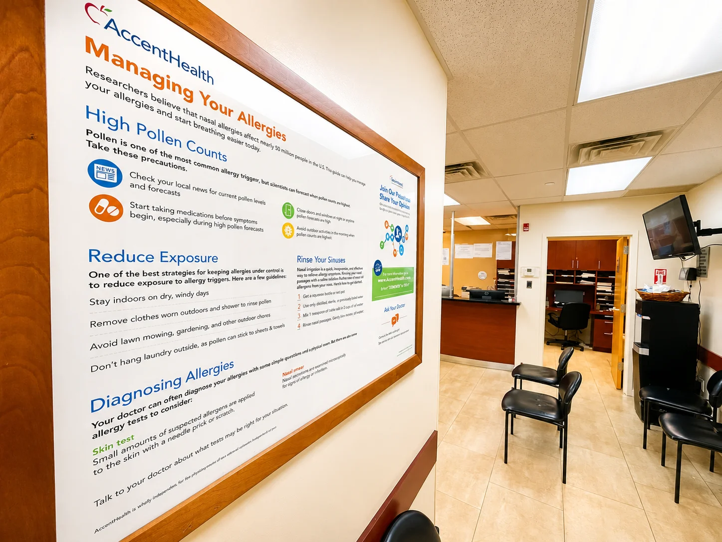 Patient education display in the Be Well Primary Health Care Center waiting area