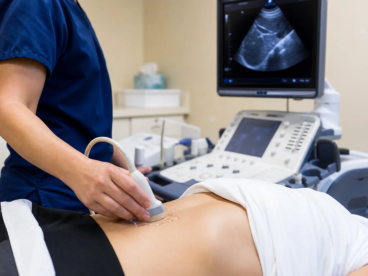 Sonographer preparing an ultrasound exam at Be Well Primary Health Care Center