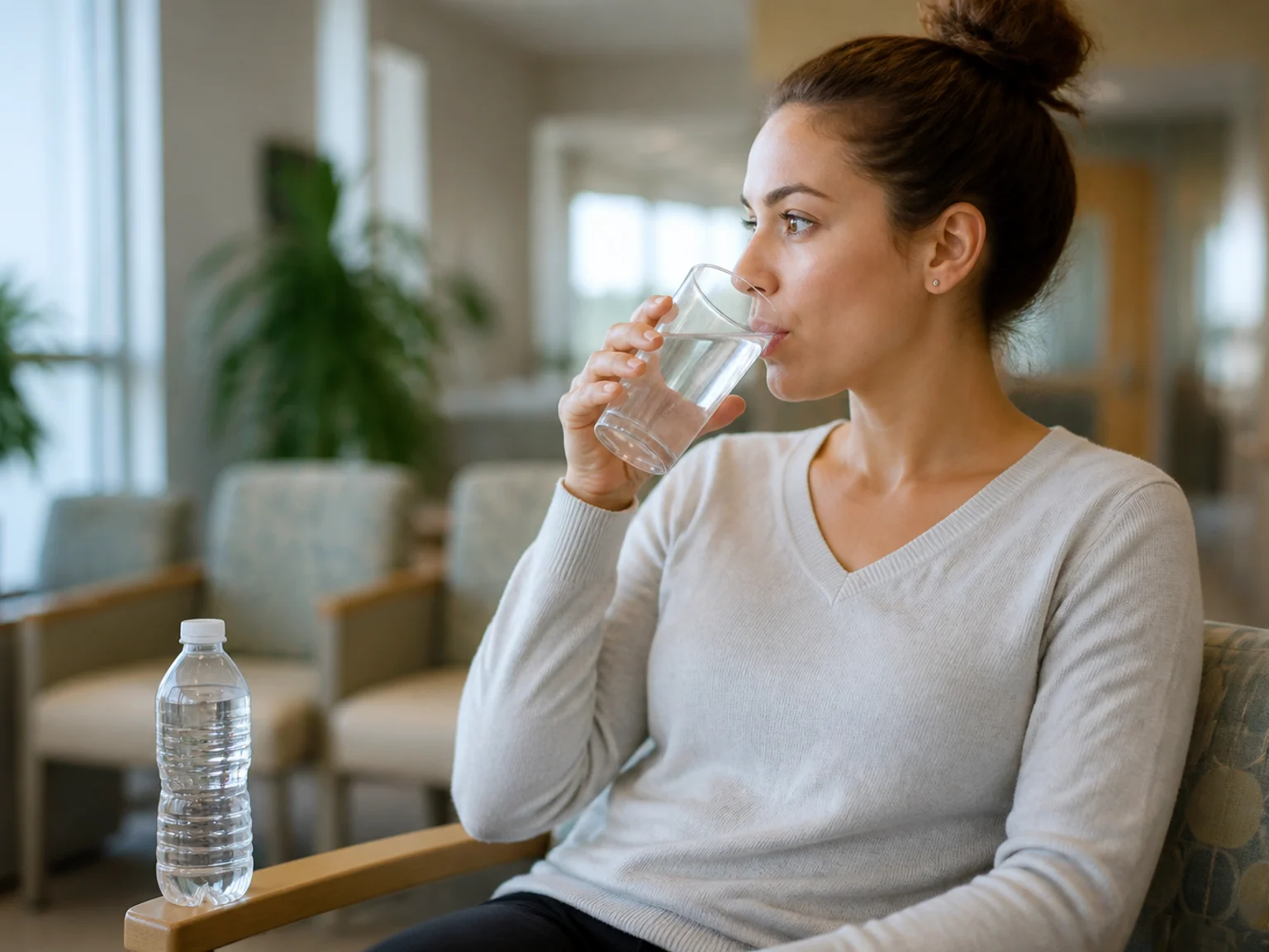 Patient drinking a glass of water before a bladder ultrasound