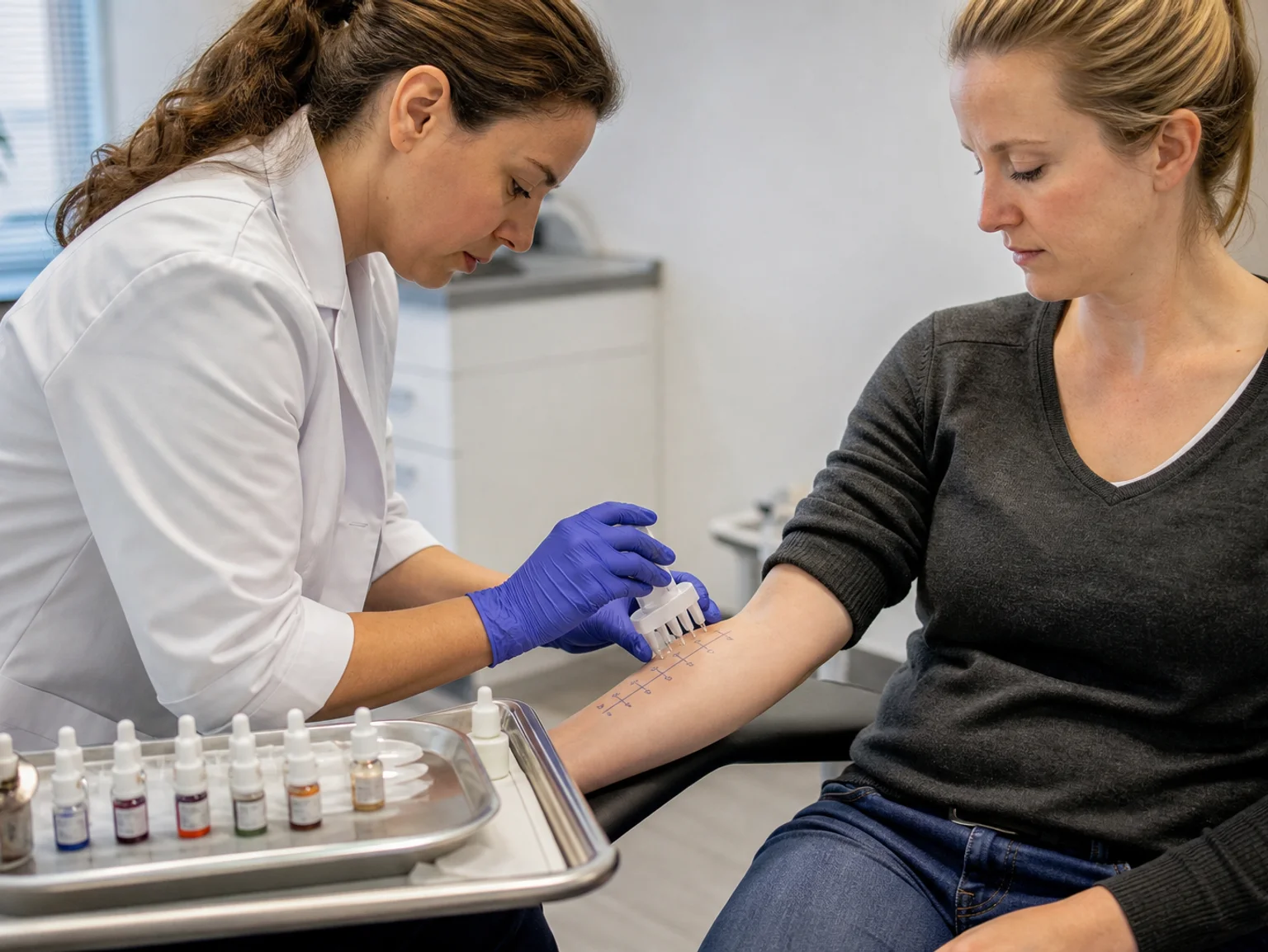 Allergy skin prick testing on a patient's forearm at Be Well Primary Health Care Center