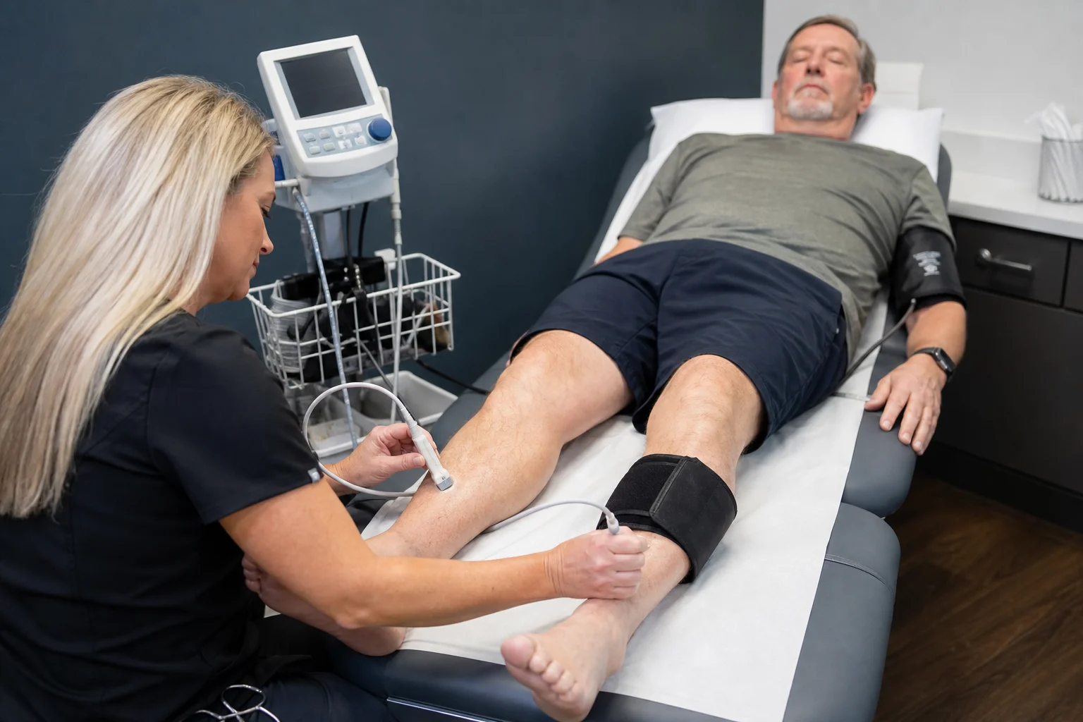 Ankle-brachial index testing with blood pressure cuffs at Be Well Primary Health Care Center