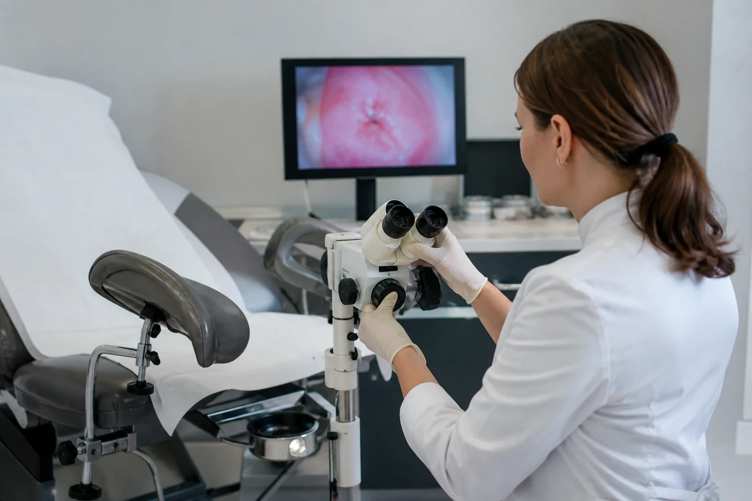 Colposcope in a gynecology exam room at Be Well Primary Health Care Center