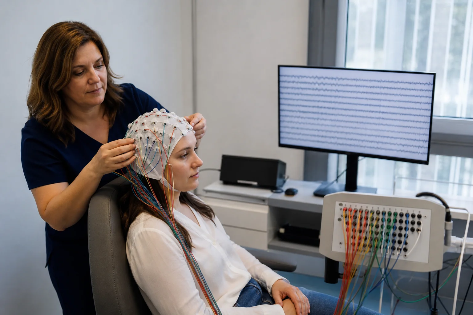 EEG electrode cap being fitted at Be Well Primary Health Care Center