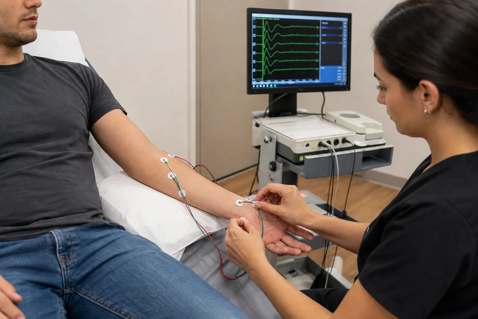 Nerve conduction study electrodes on a patient's arm at Be Well Primary Health Care Center