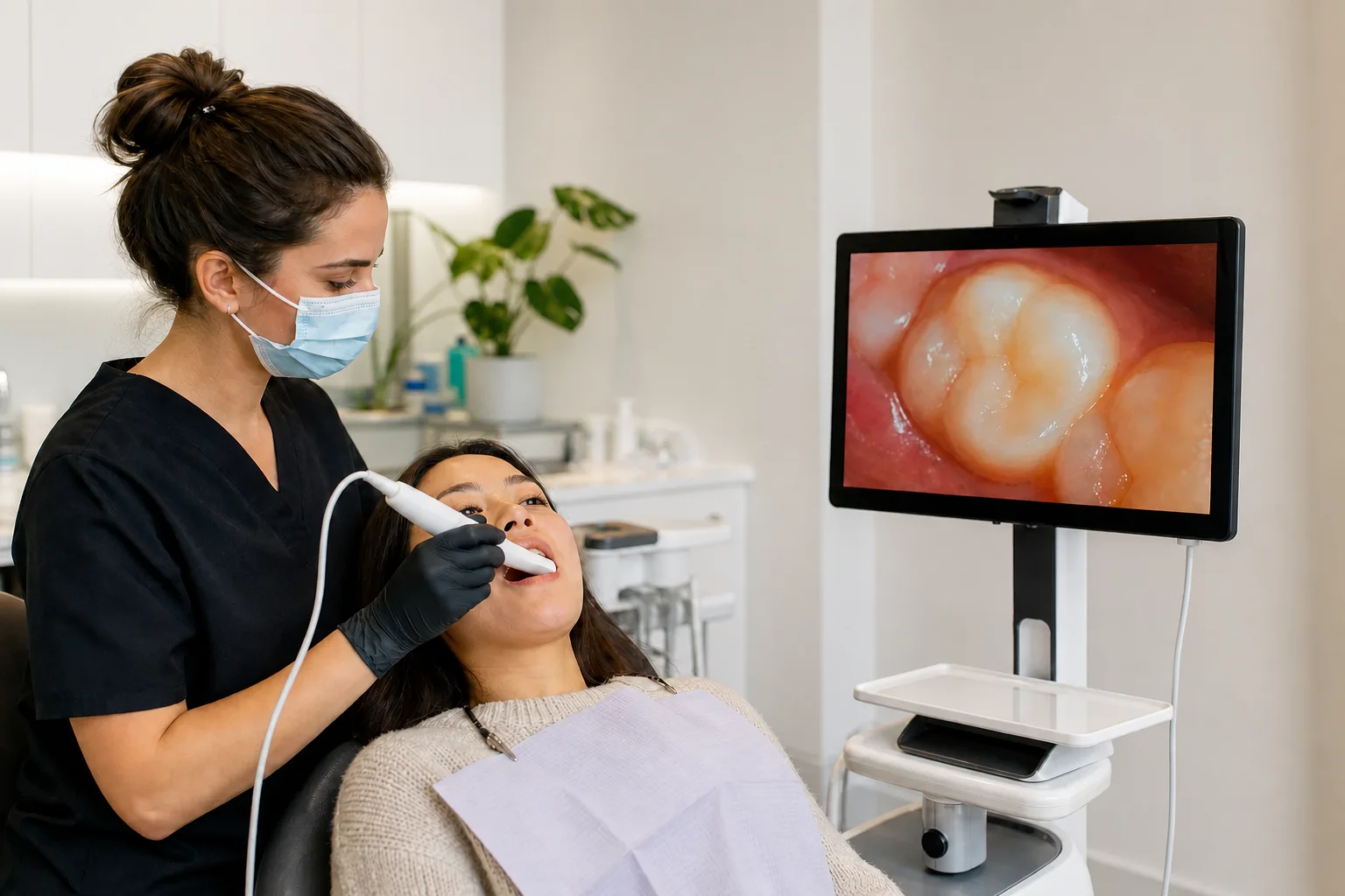 Intraoral camera showing a magnified view of a tooth on the chairside screen at Be Well Primary Health Care Center