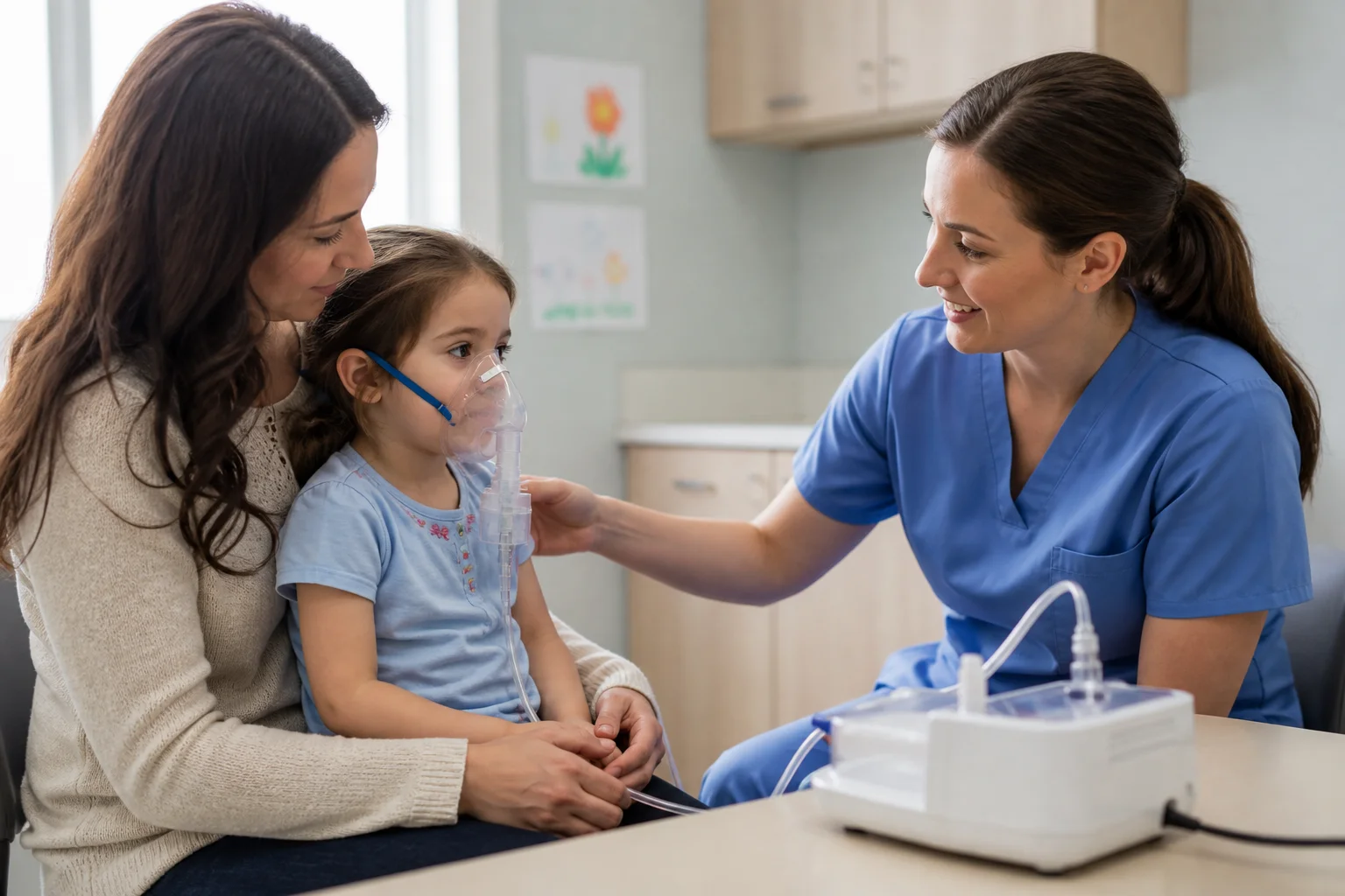 Child receiving a nebulizer breathing treatment at Be Well Primary Health Care Center