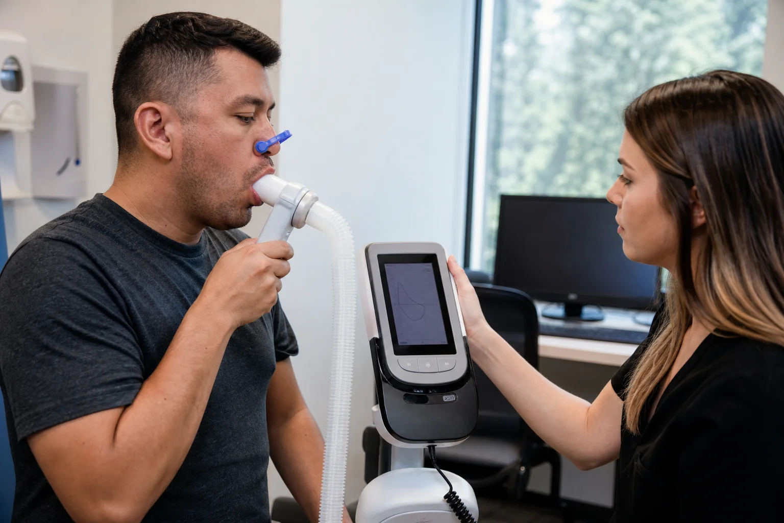 Patient performing a spirometry breathing test at Be Well Primary Health Care Center